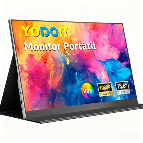 Yodoit Monitor Portátil 15,6' 1080P 100% SRGB FHD Tela com Porta USB Tipo C HDMI com Capa Inteligente Compatível com Laptop, PC, MacBook, Xbox, PS5, Phone