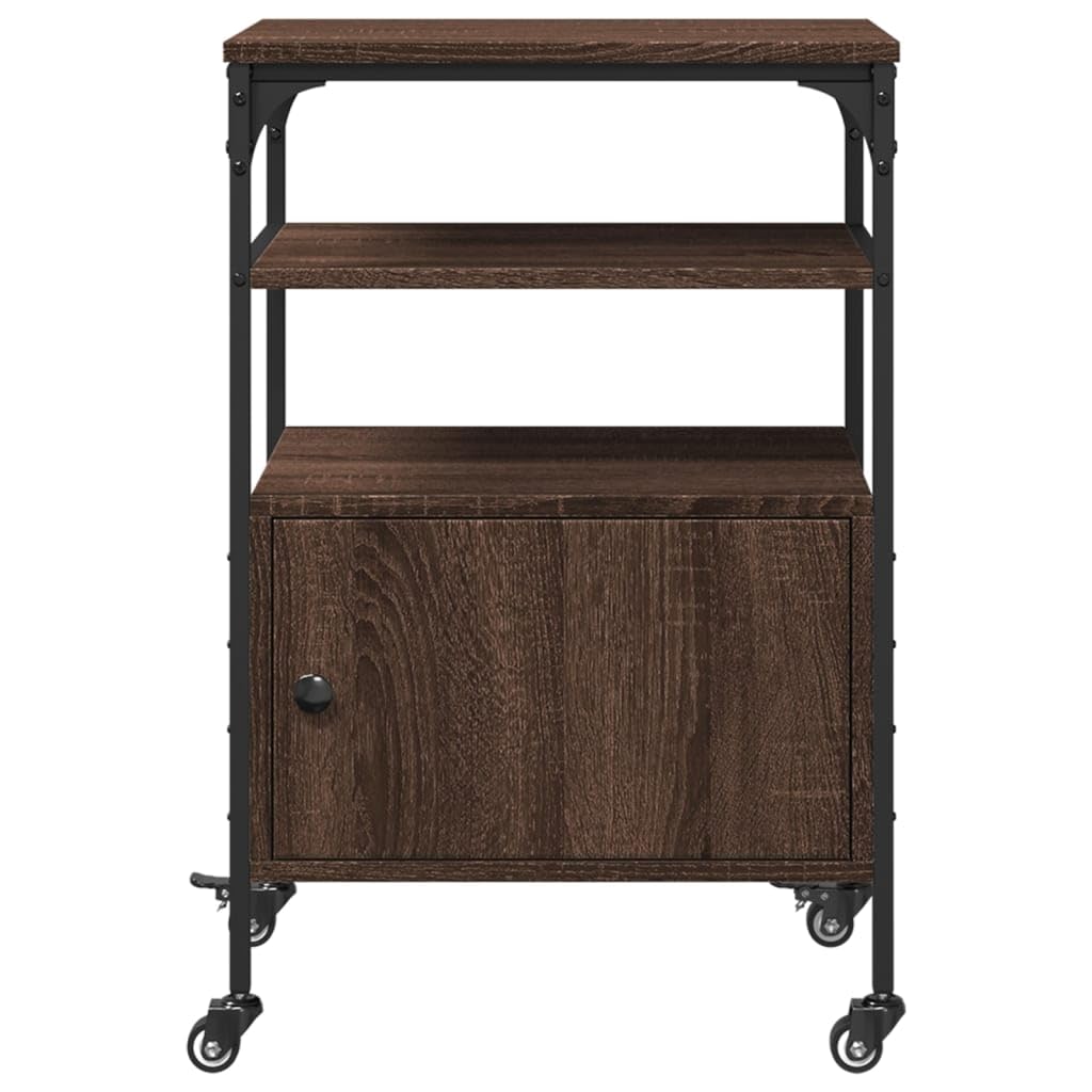 Druckertisch Braun Eichen-Optik mit 3 Ablagen, Druckerständer Büro 50x40x76 cm, Druckerregal aus Holzwerkstoff und Stahlrahmen, 4 Rollen mit 2 Bremsen, multifunktional