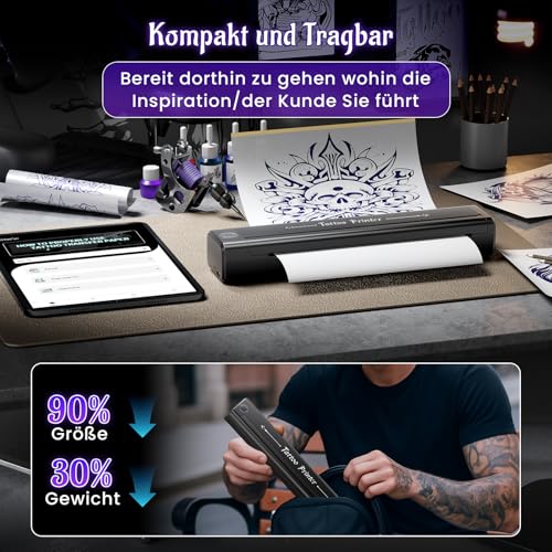 Yowell H1 Tattoo Drucker Bluetooth, Stencil Drucker, Tattoo Drucker mit 10 Blatt Transferpapier, Tattoo Stencil Drucker für Smartphone & PC, Thermodrucker Tattoo für Tattoo Künstler und Anfänger