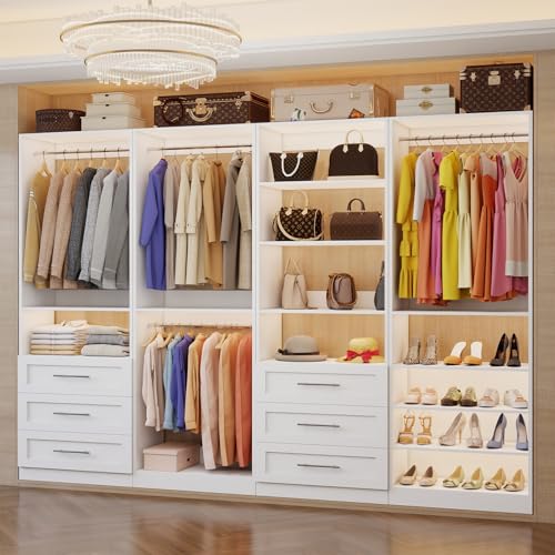 Closet System with 4 Sets, 8–21 FT Closet System with 6 Drawers, 9 Shelves & 8 Hanging Rods, Heavy Duty Closet Organizer System for Walk in Closets, Modular Custom Wood Closet Kit, White