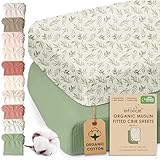 Infancie 100% Organic Cotton Crib Sheets Set of 2, 71 X 132 CM Crib Sheets for Boys and Girl Soft Breathable Durable Fitted Crib Sheet Bedding for Newborns and Infants (Green/Floral)