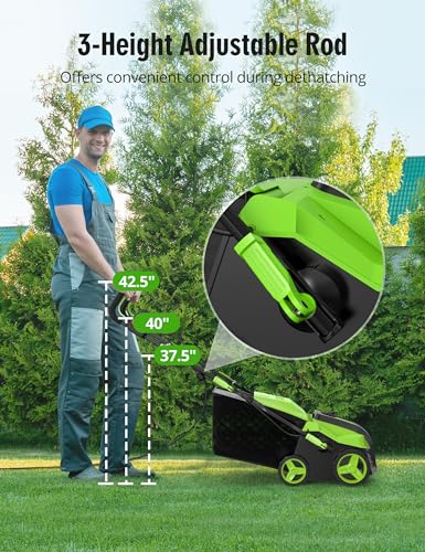 Electric Dethatcher Scarifier, 16-Inch 15 Amp Lawn Dethatcher (2025 Upgraded) with 5-Position Depth Adjustment, 14.5 Gal Removable Thatch Collection Bag, Quick-Fold, Keeps Lawn Health