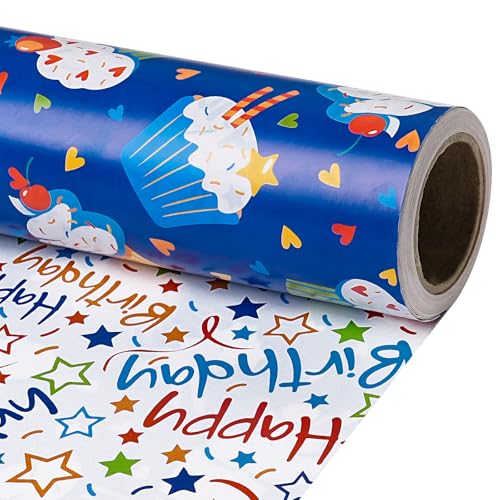 RUSPEPA Reversible Birthday Wrapping Paper Roll Mini Roll Blue Cupcake Design and Colorful Happy Text with Stars Colorful Adorable Gift Wrap for Boys Girls Birthday Party 17 Inches x 16.4 Feet