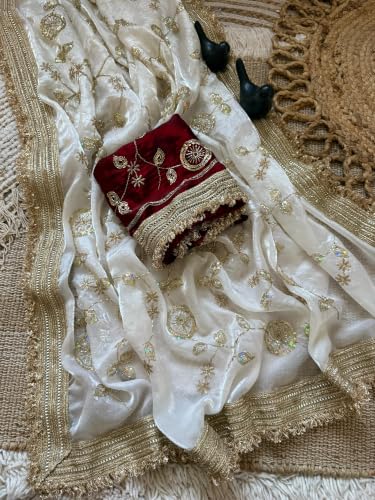 Image of 'Women's Space Sattin Bits Sequence Work Saree With Contrast Running Blouse | Embroidered Work Saree with Golden Floral Thread Work & Designer Border | Party Wedding Saree