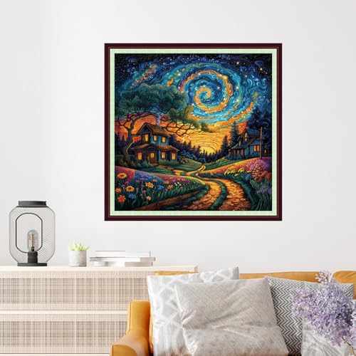 Image of Dooxvey Cross Stitch Kits for Adults Beginners,Full Range of Cross-Stitch Stamped Kits Needlepoint Kits for Beginners Embroidery Kits 11CT Cross Stitch Patterns-Van Gogh's Starry Night Home 18x18 inch