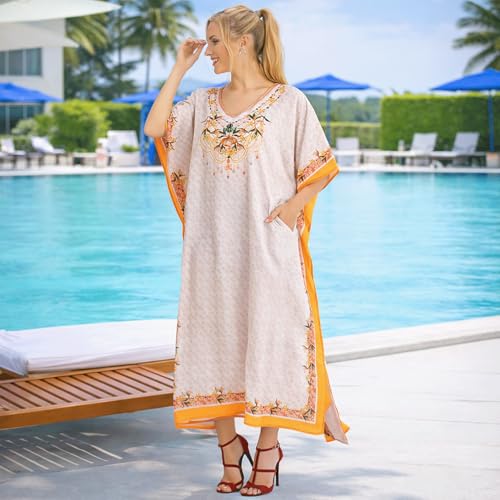 Image of Miss Lavish London Kaftan Dresses for Women Plus Size Long Batwing Sleeve Caftans, V Neck Moo Moo Printed Beach Cover Up Maxi Beach Dress, Bathing Suit Cover-Up Loungewear