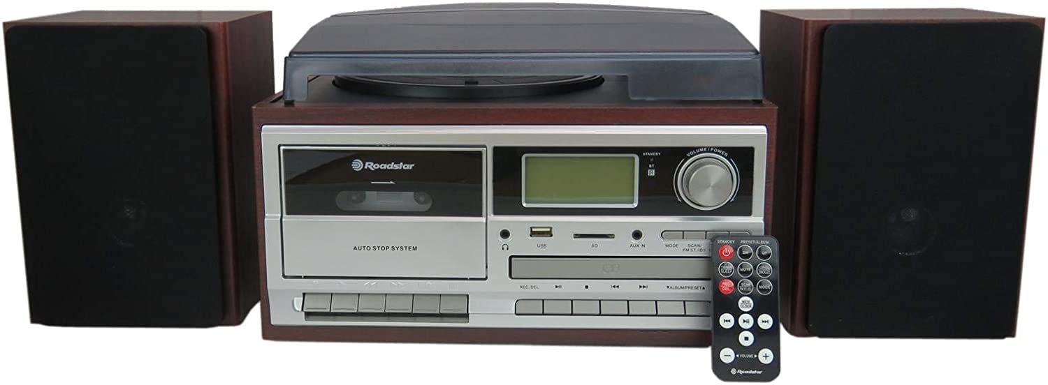 Roadstar HIF-8892EBT Minicadena de Música Hi-Fi Tocadiscos 33/45/78 rpm, Radio Digital PLL FM, Reproductor CD-MP3, Cassette, Bluetooth, USB Función Grabación, Tarjeta SD, Mando a Distancia, Madera