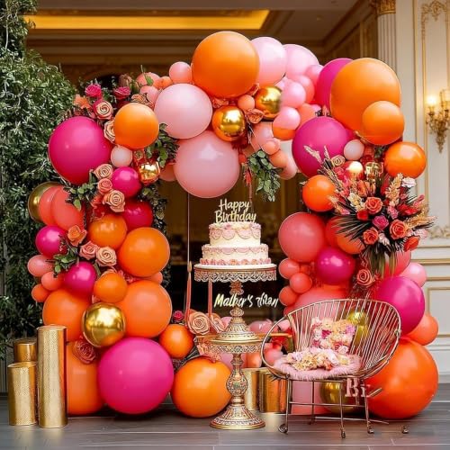 Image of Pink Orange Balloon Garland Double Stuffed Hot Pink Orange Gold Metallic Pastel Balloon Arch Kit for Birthday Sunset Bridal Shower Summer Tropical Fall Thanksgiving Party Decorations
