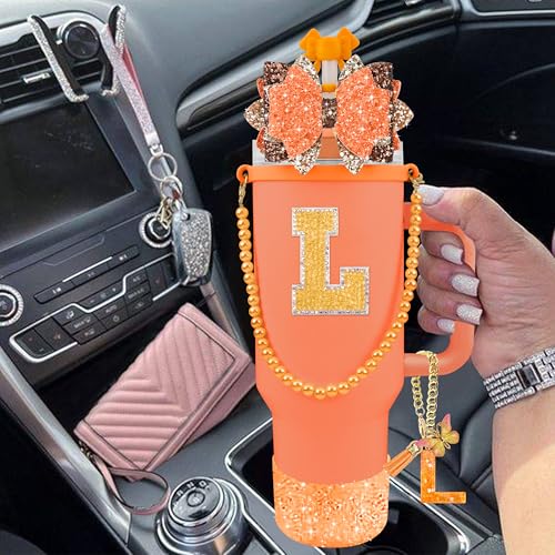 Hpebl 9PCS Orange for Stanley Cup Accessories Set Bling Initials Bow Charms for Stanley Decorations 30/40 Oz Tumbler Accessories Including Bow Straw Topper, Handle Strap, Spill Stopper(Letter L) - image 6