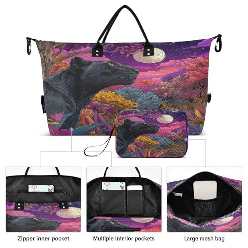 Black Leopard Moonlit Floral Travel Duffel Bag for Men Women with Makeup Bag Weekend Overnight Carry On Bags for Yoga Travel Gym2
