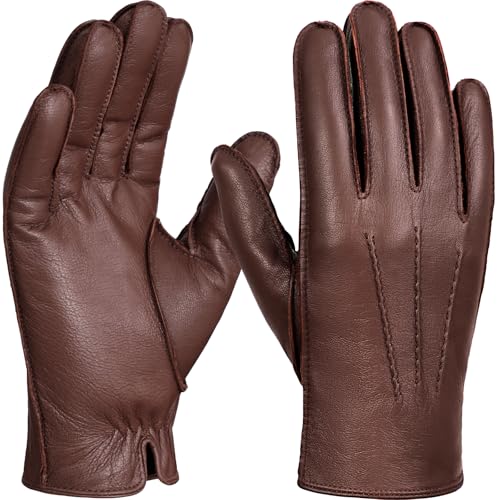 GSG Men Leather Driving Gloves Fur-Lined Brown M