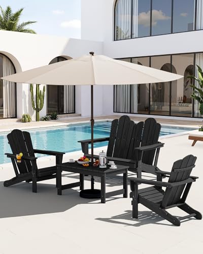 Image of SERWALL 4-Pc HDPE Adirondack Set, 2 Chairs, 1 Bench & 1 Coffee Table, Black
