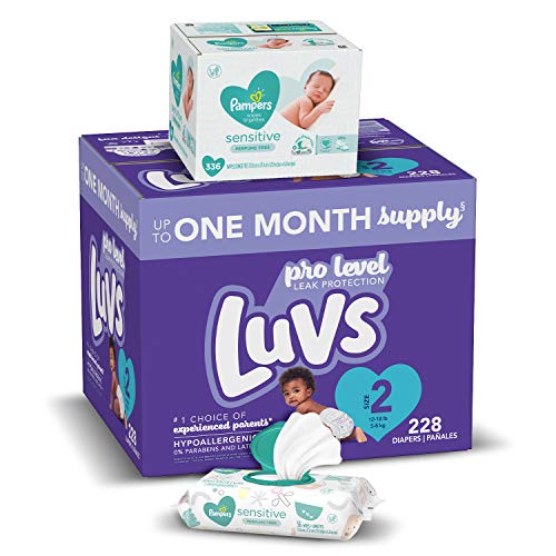 Diapers Size 2, 228 Count and Baby Wipes - Luvs Ultra Leakguards Disposable Baby Diapers, ONE Month Supply with Pampers Sensitive Water Based Baby Diaper Wipes, 6X Pop-Top Pack, 336 Total Wipes