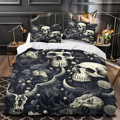 Funda de edredón de calavera 3D negra con fundas de almohada de microfibra 4