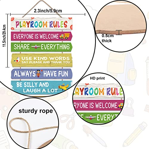 KAIRNE Playroom Rules Wood Sign Hanging Wall Art,Everyone is Welcome Inspirational Quotes Wall Decor for Kids Room,Colorful Rainbow Color Wooden Plaque for Childrens Bedroom Decoration