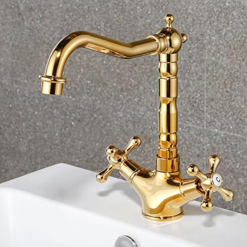 Mitigeur de lavabo à double levier en laiton doré style antique