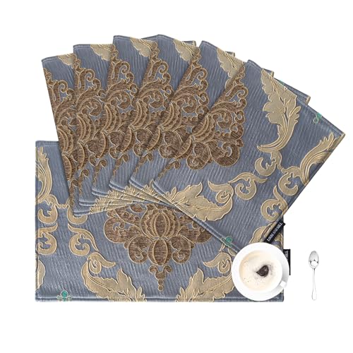 Loom and Mill Luxury Damask Placemats Double Layer, Set of 6, Grey Blue
