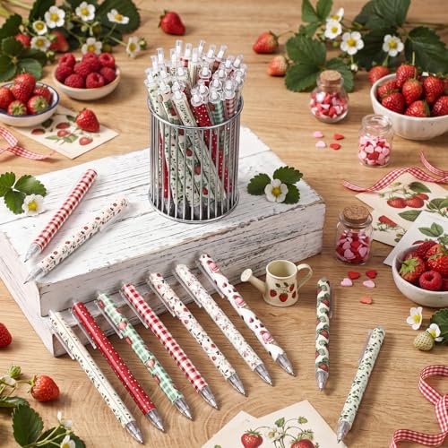 Image of Jetec 108 Pcs Back to School Strawberry Pens Bulk Aesthetic Retractable Office Strawberry Supplies First Day of School Gift for Student Women Teacher Staff Employee Office Berry Party Favors