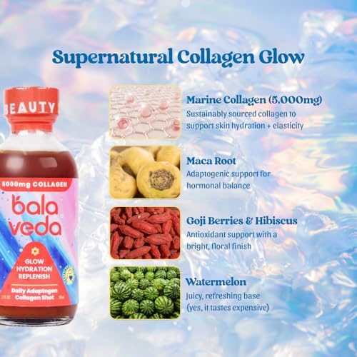 Image of balaveda Radical Beauty Marine Collagen Shot, Watermelon, 2oz 12 Pack | Goji, Maca, Lotus + Watermelon, Marine Collagen Wellness Shots, 2 fl oz Glass Bottles