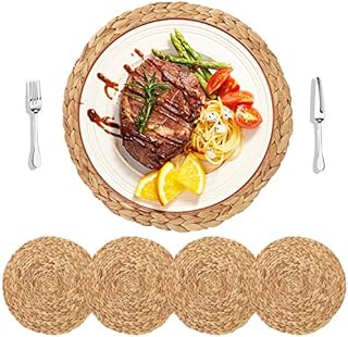 HomeDo Round Woven Placemats for Dining Table, Water Hyacinth Straw Braided Placemat, Heat Resistant Non-Slip Weave Placemats Handmade (Water Hyacinth-4pack,Round 30cm)
