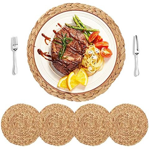 HomeDo Round Woven Placemats for Dining Table, Water Hyacinth Straw Braided Placemat, Heat Resistant Non-Slip Weave Placemats Handmade (Water Hyacinth-4pack,Round 30cm) Cover