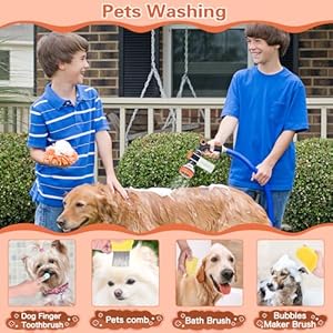 Pup Jet Dog Wash, 8 Way Spray Pattern Garden Hose Nozzle with Soap Dispenser, Dog Wash Supplies with 2 type Dog Bath Brush, Dog Comb and Toothbursh, Car Wash Mitt for Washing Cars & Pets Pup Jet Dog Wash, 8 Way Spray Pattern Garden Hose Nozzle with Soap Dispenser, Dog Wash Supplies with 2 type Dog Bath Brush, Dog Comb and Toothbursh, Car Wash Mitt for Washing Cars & Pets