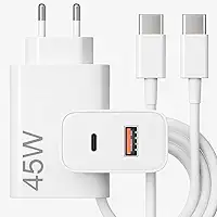 Carregador Turbo 45W USB‑C + USB‑A com Cabo Tipo C de 1m – Power Delivery, Carregamento Rápido para Samsung, Motorola, iPhone 15, Tablets e Notebooks
