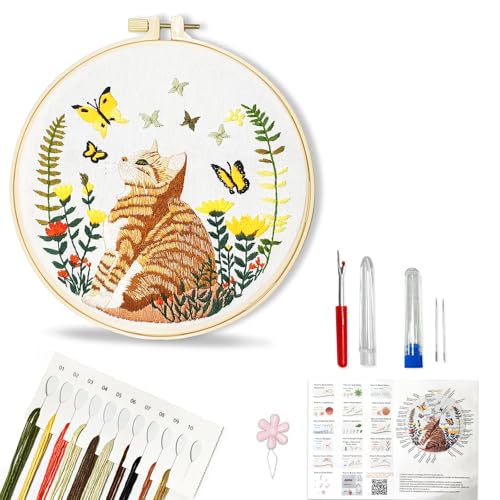 Image of Huacan Embroidery Kit for Beginners Adults Includes Stamped Cat Pattern, Hoop, Color Threads,Tools,Easy to Follow Instruction
