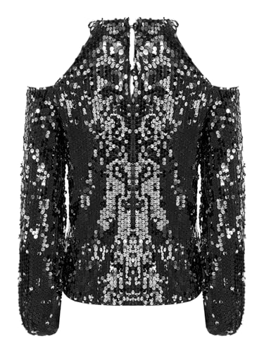 Girls Sparkly Sequin Tops Elegant Off Shoulder Glitter Long Sleeve Dressy Party Blouse Shirts2