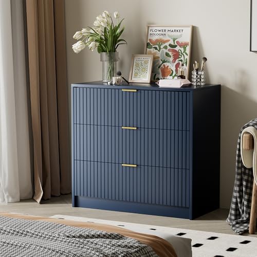 Image of Furniway Fluted Nightstands Set of 2, 31.5 inch Large Bedside Tables with 3 Drawers, Modern Wood Night Stands with Storage for Bedroom, Navy Blue