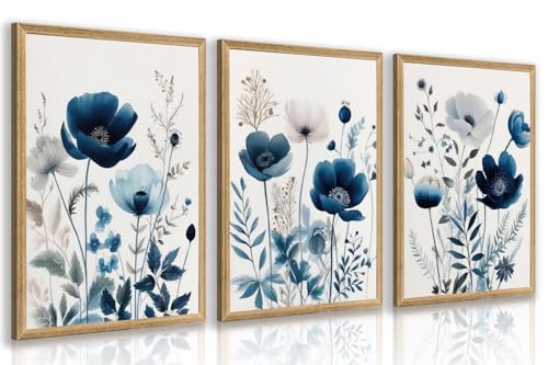 LLEEMPI Navy Blue Floral Wall Art Set of 3, 16x24 Wood Framed Canvas Prints