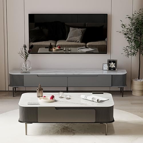Image of DecorNation Valencia Faux Marble Coffee Table Graphite Grey with Two Drawers Storage - PVD Coated Legs - Modern Living Room Accent Furniture
