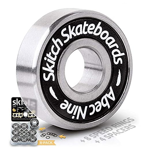 SKITCH Precision Fast Spin Bearings Set | 8 Pack 608 2RS ABEC 9 Chrome Steel Deep Groove Ball Bearing Set for Skateboards, Longboards, Inline Skates, Scooters | + Washers + Spacers | 8mm x 22mm x 7mm
