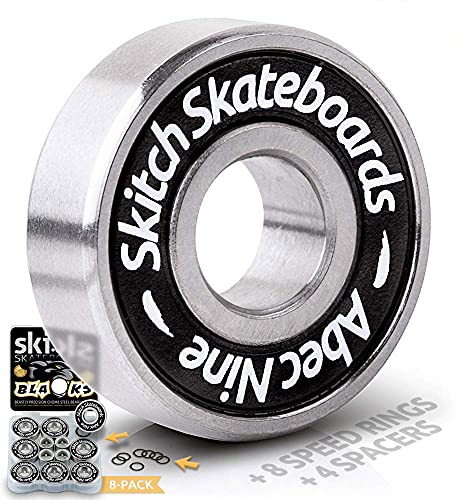 SKITCH Precision Fast Spin Bearings Set | 8 Pack 608 2RS ABEC 9 Chrome Steel Deep Groove Ball Bearing Set for Skateboards, Longboards, Inline Skates, Scooters | + Washers + Spacers | 8mm x 22mm x 7mm