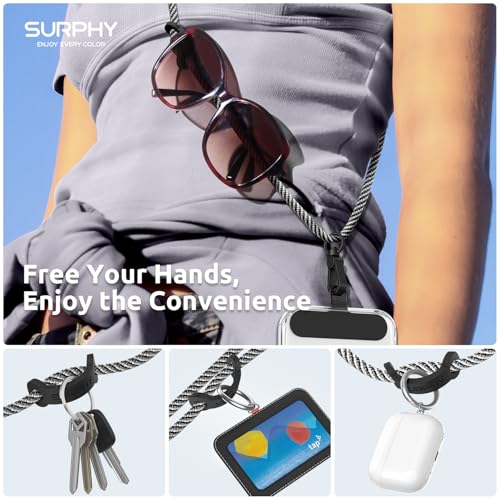 Image of SURPHY Phone Lanyard Crossbody, Phone Strap Crossbody with 2 Tether Tabs | Adjustable Cell Phone Lanyard, Anti Theft Phone Strap, Premium Metal Buckles, Universal Lanyard for Travel, Black & White
