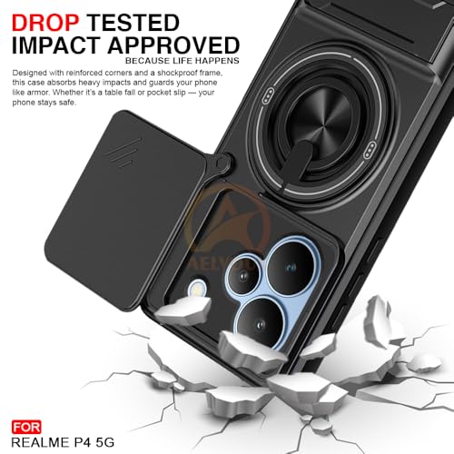 Image of Realme P4 5G Back Cover | Armor Camera Slider 360 Degree Rotating Finger Ring Holder Case with Bracket Stand Back Case Cover (Compatible with MagSafe Accessories) (Black)