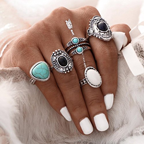 Fheaven 5pcs/Set Women Bohemian Vintage Silver Stack Rings Above Knuckle Blue Rings Set