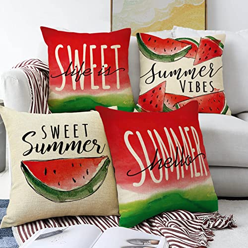 Ussap Hello Summer Watercolor Watermelon Decorative Throw Pillow Covers 18 X 18 Set Of 4, Life Is Sweet Cushion Case Decor, Seasonal Home Decoration For Sofa Couch #TOP2