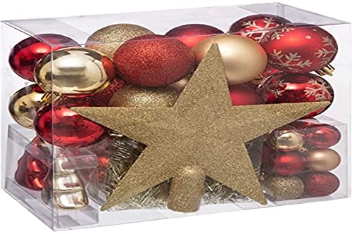 Lot déco Noël - Kit 44 pièces pour décoration Sapin : Guirlandes, Boules et Cimier - Plastique, Thème Couleur : Or et Rouge