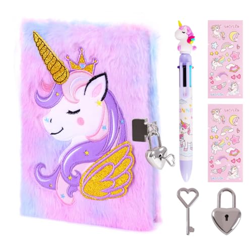 Image of Unicorn Diary with Lock for Girls,Cute Plush Journal Notebook Set for Kid with Stickers,Fluffy Secret Notebook for Writing and Drawing Gifts for Girls ages 6-8