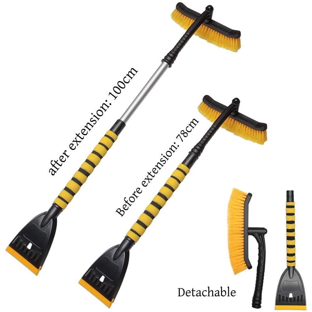 Raschietto per auto con manico allungabile in alluminio e testa staccabile, 100 cm, telescopico per rimozione del ghiaccio, spazzola in ABS EVA, per la pulizia di neve e gelo
