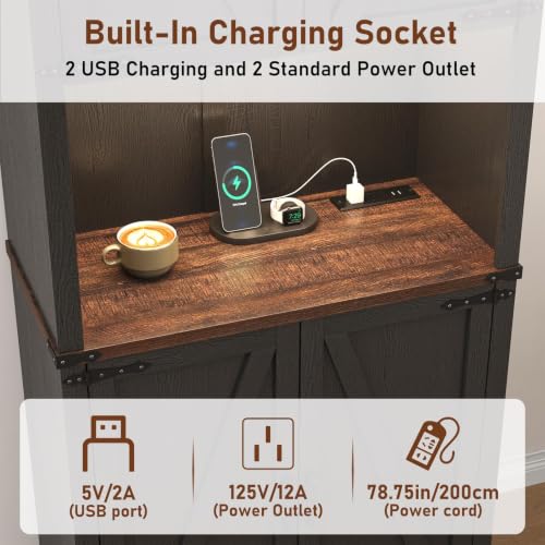 Image of 72 inch Tall Farmhouse Kitchen Pantry Cabinet with LED Light and Power Outlet,Modern Farmhouse Kitchen Storage Cabinet w Load-Bearing Steel Pipe,Barn Doors, Organizer,Food Pantry Cabinets(2PC Black)