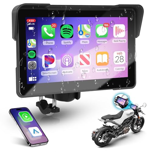 Rimoody Portable Motorcycle CarPlay Screen, 5 IP67 Waterproof Touchscreen with Wireless Android Auto, Dual Bluetooth, EQ, Navigation, Universal Motorbike Mount