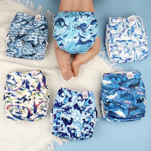 Mama Koala 3.0 Pocket Cloth Diapers for Babies with AWJ Lining, 6 Pack with 6 4-Layer Natural Cloth Diaper Inserts - Reusable and Washable Pocket Diapers(Whales)