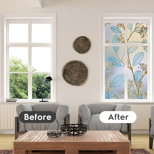 Image of CHIPAK Premium Vinyl Privacy Stained Window Glass Film (12x25 Inch) - Self-Adhesive Decorative Sticker Opaque Sheet Tint Wallpaper for Glass Cover Window, Door, Office, Home.| Anti-UV. Blue Leaves