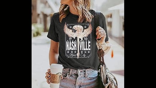 EXMIUN Women's Funny Country Music Tee - Bleached Grey Short Sleeve T-Shirt With Letter Print - View #2