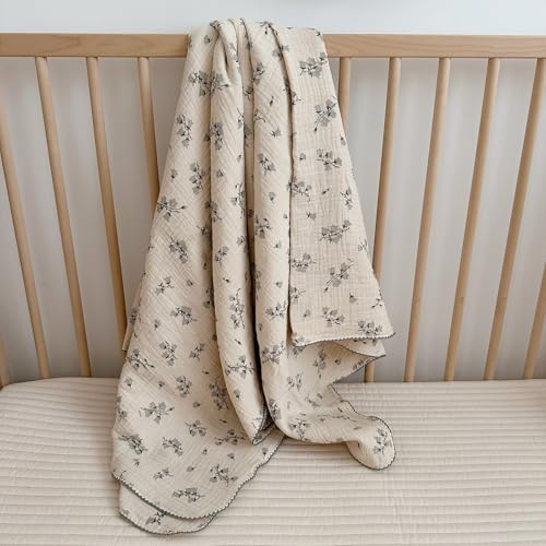 BuLuTu Large Muslin Toddler Blanket for Boys Girls Baby Bed Blankets Floral Print Swaddle Blankets Soft Breathable Toddler Crib Quilt, All Seasons,Hya