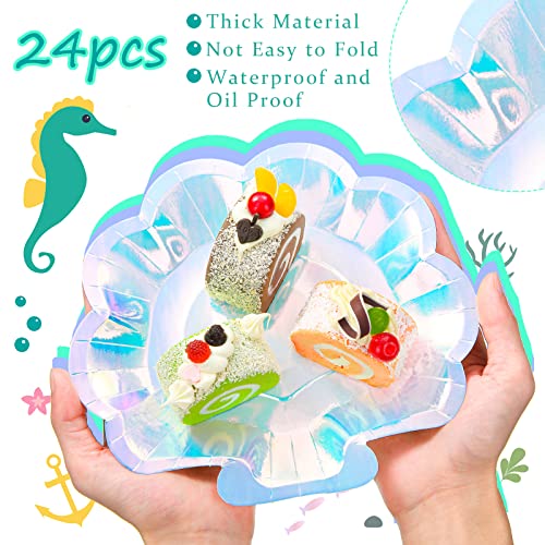 Woanger Mermaid Seashell Paper Plates Disposable Party Plate Seashell Dinnerware Plate Holographic Foil Seashell Paper Plates For Mermaid Party Under Sea Themed Event (24 Pieces) #TOP1