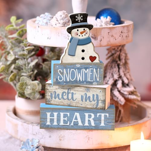 Image of Moucuny 4 Pcs Winter Table Decorations Blue and White Snowman Decor Winter Tiered Tray Decor Valentines Day Centerpiece Rustic Decorative Hat Snowman Block Signs Gift Farmhouse for Home Kitchen Shelf