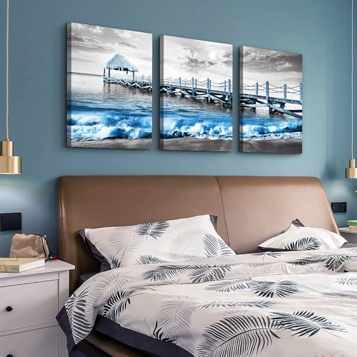 DZRWUBHS Black And White Beach Wall Art - 3 Piece Framed Posters For Living Room, Bedroom, Office - Ocean Sea Wave Pictures